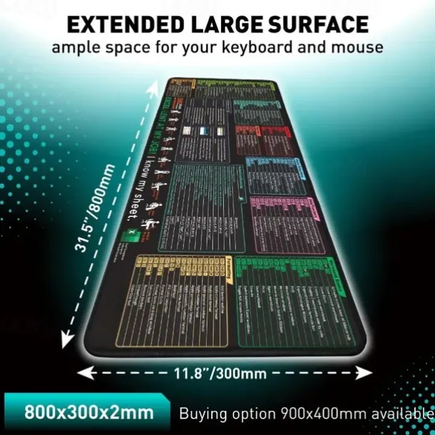 Excel Cheat Sheet Desk Mat, XL Mouse Pad with Shortcuts, 31.5"x11.8" or 35.4"x15.7", Desk Protector, Non-Slip, Waterproof, Office Work & Gaming, Productivity Gift for Professionals & Students