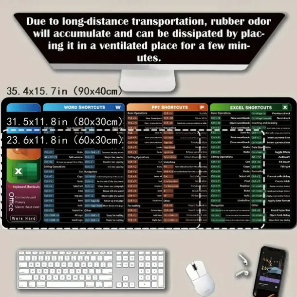 Excel Cheat Sheet Desk Mat, XL Mouse Pad with Shortcuts, 31.5"x11.8" or 35.4"x15.7", Desk Protector, Non-Slip, Waterproof, Office Work & Gaming, Productivity Gift for Professionals & Students