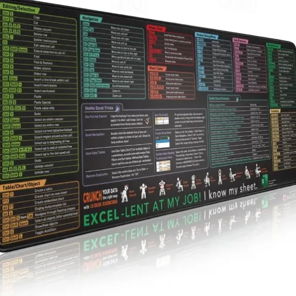 Excel Cheat Sheet Desk Mat, XL Mouse Pad with Shortcuts, 31.5"x11.8" or 35.4"x15.7", Desk Protector, Non-Slip, Waterproof, Office Work & Gaming, Productivity Gift for Professionals & Students