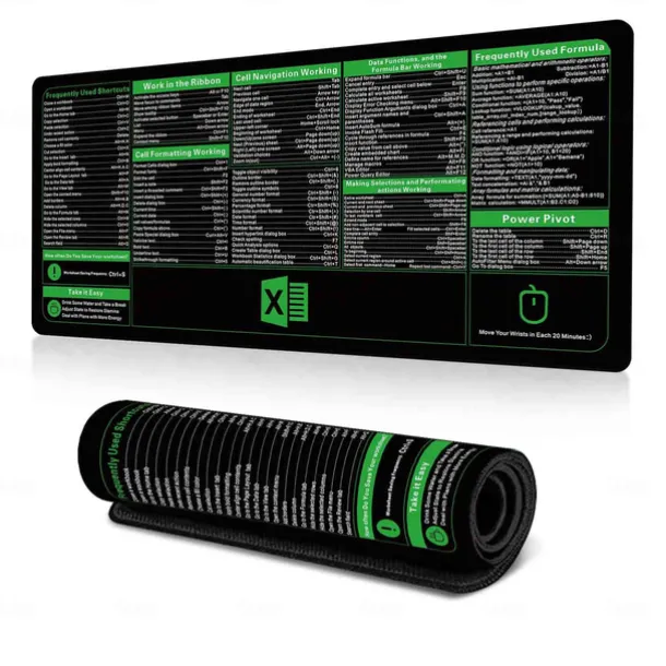Excel Cheat Sheet Desk Mat, XL Mouse Pad with Shortcuts, 31.5"x11.8" or 35.4"x15.7", Desk Protector, Non-Slip, Waterproof, Office Work & Gaming, Productivity Gift for Professionals & Students
