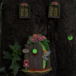Fairy Door and Windows for Tree, 4 pcs, Glow in the Dark Fairy Garden Miniature Accessories for Tree Stump Decor, Resin Fairy House Kit with Fairy Lantern for Gnome, Outdoor Yard, Lawn, Garden Decor