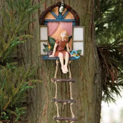 Fairy House Tree Hanging Figurine Window Sitting Fairy Ladder Resin Craft Statue Outdoor Ornament For Home Garden Yard Art Decor