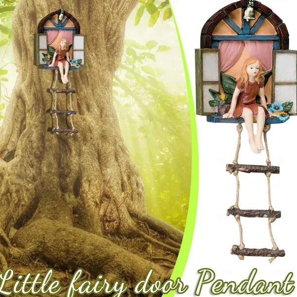 Fairy House Tree Hanging Figurine Window Sitting Fairy Ladder Resin Craft Statue Outdoor Ornament For Home Garden Yard Art Decor