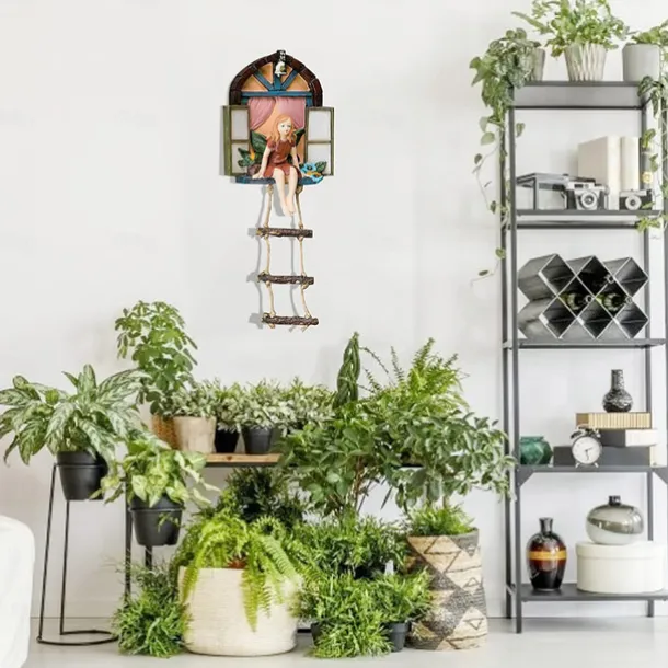 Fairy House Tree Hanging Figurine Window Sitting Fairy Ladder Resin Craft Statue Outdoor Ornament For Home Garden Yard Art Decor