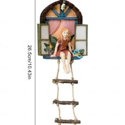 Fairy House Tree Hanging Figurine Window Sitting Fairy Ladder Resin Craft Statue Outdoor Ornament For Home Garden Yard Art Decor