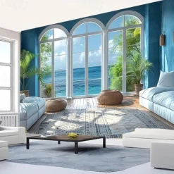 Fake Window Ocean View Hanging Tapestry Wall Art Large Tapestry Mural Decor Photograph Backdrop Blanket Curtain Home Bedroom Living Room Decoration