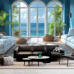 Fake Window Ocean View Hanging Tapestry Wall Art Large Tapestry Mural Decor Photograph Backdrop Blanket Curtain Home Bedroom Living Room Decoration