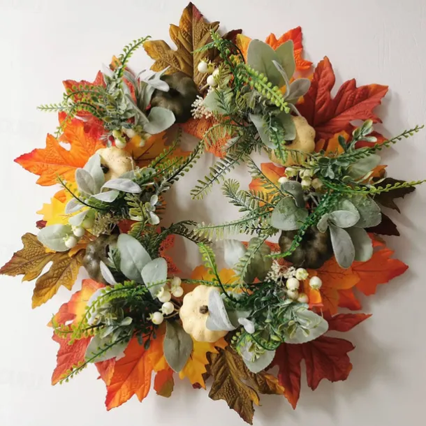 Fall Decor - 45cm Fall Wreaths for Front Door - Autumn Artificial Pumpkin Eucalyptus Maples Leaf Wreath - Rustic Fall Thanksgiving Decorations for Home Outdoor Mantel Window Wall