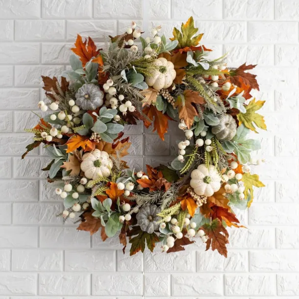Fall Decor - 45cm Fall Wreaths for Front Door - Autumn Artificial Pumpkin Eucalyptus Maples Leaf Wreath - Rustic Fall Thanksgiving Decorations for Home Outdoor Mantel Window Wall
