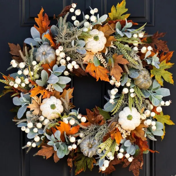 Fall Decor - 45cm Fall Wreaths for Front Door - Autumn Artificial Pumpkin Eucalyptus Maples Leaf Wreath - Rustic Fall Thanksgiving Decorations for Home Outdoor Mantel Window Wall