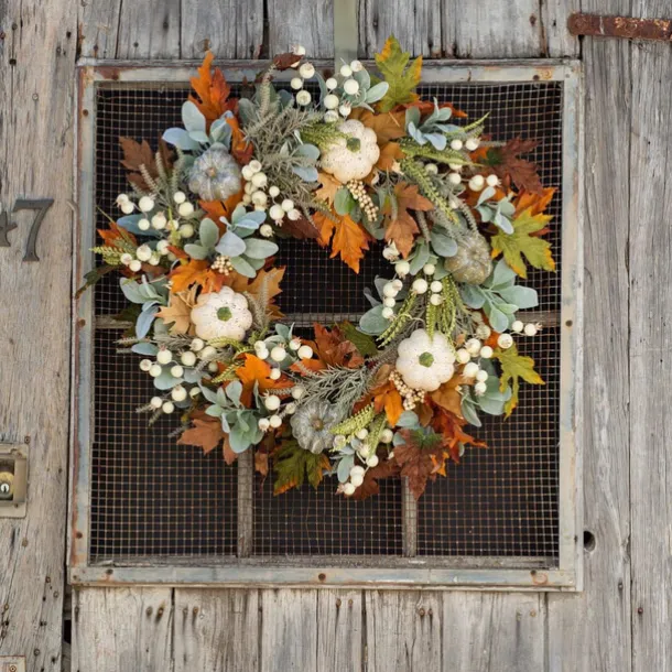 Fall Decor - 45cm Fall Wreaths for Front Door - Autumn Artificial Pumpkin Eucalyptus Maples Leaf Wreath - Rustic Fall Thanksgiving Decorations for Home Outdoor Mantel Window Wall