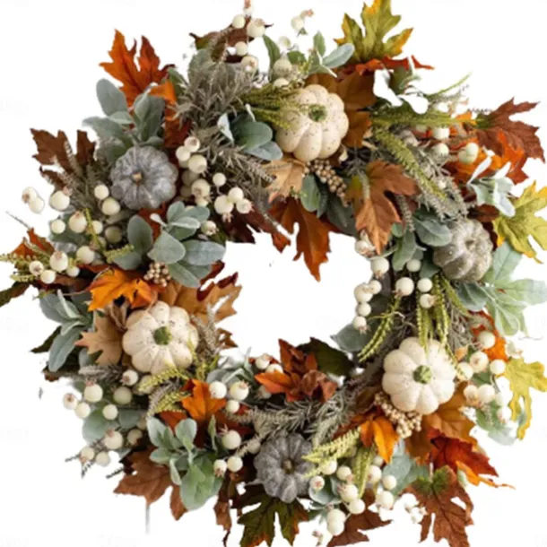 Fall Decor - 45cm Fall Wreaths for Front Door - Autumn Artificial Pumpkin Eucalyptus Maples Leaf Wreath - Rustic Fall Thanksgiving Decorations for Home Outdoor Mantel Window Wall