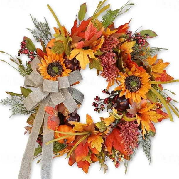 Fall Decor - 45cm Fall Wreaths for Front Door - Autumn Artificial Pumpkin Eucalyptus Maples Leaf Wreath - Rustic Fall Thanksgiving Decorations for Home Outdoor Mantel Window Wall