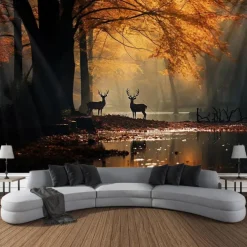 Fall Forest Hanging Tapestry Deer Wall Art Large Tapestry Mural Decor Photograph Backdrop Blanket Curtain Home Bedroom Living Room Decoration