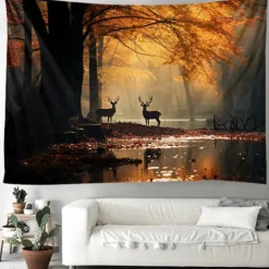 Fall Forest Hanging Tapestry Deer Wall Art Large Tapestry Mural Decor Photograph Backdrop Blanket Curtain Home Bedroom Living Room Decoration