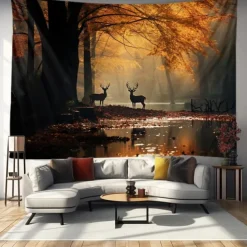 Fall Forest Hanging Tapestry Deer Wall Art Large Tapestry Mural Decor Photograph Backdrop Blanket Curtain Home Bedroom Living Room Decoration