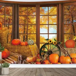 Fall Forest Hanging Tapestry Wall Art Large Tapestry Mural Decor Photograph Backdrop Blanket Curtain Home Bedroom Living Room Decoration Thanksgiving Pumpkins Sunflower Maple Leaves Autumn