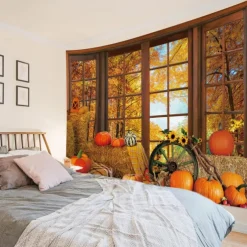 Fall Forest Hanging Tapestry Wall Art Large Tapestry Mural Decor Photograph Backdrop Blanket Curtain Home Bedroom Living Room Decoration Thanksgiving Pumpkins Sunflower Maple Leaves Autumn