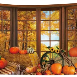 Fall Forest Hanging Tapestry Wall Art Large Tapestry Mural Decor Photograph Backdrop Blanket Curtain Home Bedroom Living Room Decoration Thanksgiving Pumpkins Sunflower Maple Leaves Autumn
