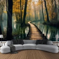 Fall Forest Pathway Hanging Tapestry Wall Art Large Tapestry Mural Decor Photograph Backdrop Blanket Curtain Home Bedroom Living Room Decoration