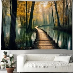 Fall Forest Pathway Hanging Tapestry Wall Art Large Tapestry Mural Decor Photograph Backdrop Blanket Curtain Home Bedroom Living Room Decoration