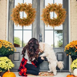 Fall Wreath with Artificial Eucalyptus and Flowers - Faux Green Leaves Wreath for Front Door, Wall, Festival Celebration, Fireplace, Window, Party Decor