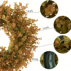 Fall Wreath with Artificial Eucalyptus and Flowers - Faux Green Leaves Wreath for Front Door, Wall, Festival Celebration, Fireplace, Window, Party Decor