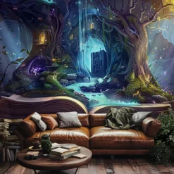 Fantasy Dream Tree House Hanging Tapestry Wall Art Large Tapestry Mural Decor Photograph Backdrop Blanket Curtain Home Bedroom Living Room Decoration