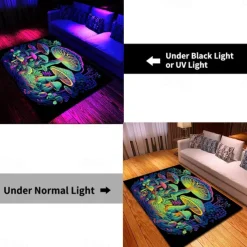 Fantasy Mushroom Blacklight Rug Carpet Floor Mat UV Reactive Glow in the Dark Rug Large Non-Slip Rug Mat Carpet for Room Decor