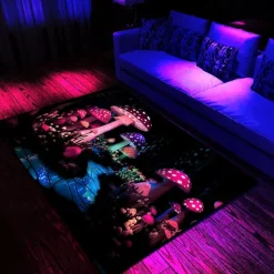 Fantasy Mushroom Blacklight Rug Carpet Floor Mat UV Reactive Glow in the Dark Rug Large Non-Slip Rug Mat Carpet for Room Decor