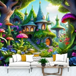 Fantasy Mushroom House Hanging Tapestry Wall Art Large Tapestry Mural Decor Photograph Backdrop Blanket Curtain Home Bedroom Living Room Decoration