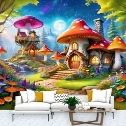 Fantasy Mushroom House Hanging Tapestry Wall Art Large Tapestry Mural Decor Photograph Backdrop Blanket Curtain Home Bedroom Living Room Decoration