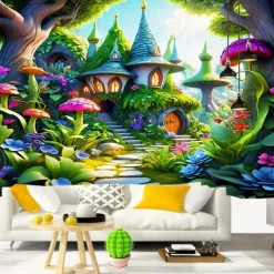 Fantasy Mushroom House Hanging Tapestry Wall Art Large Tapestry Mural Decor Photograph Backdrop Blanket Curtain Home Bedroom Living Room Decoration