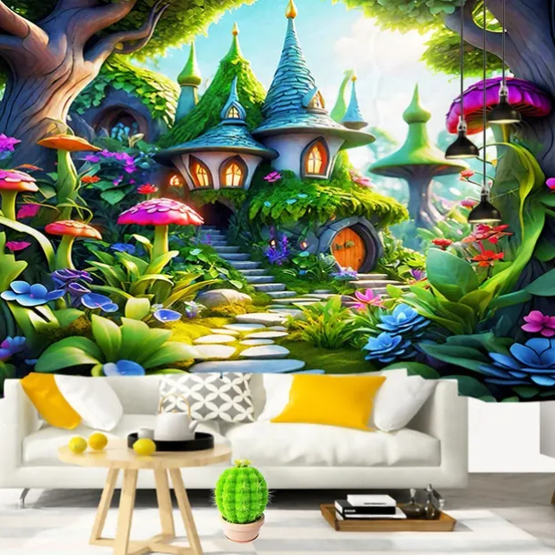 Fantasy Mushroom House Hanging Tapestry Wall Art Large Tapestry Mural Decor Photograph Backdrop Blanket Curtain Home Bedroom Living Room Decoration