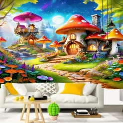 Fantasy Mushroom House Hanging Tapestry Wall Art Large Tapestry Mural Decor Photograph Backdrop Blanket Curtain Home Bedroom Living Room Decoration