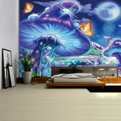 Fantasy Mushroom House Hanging Tapestry Wall Art Large Tapestry Mural Decor Photograph Backdrop Blanket Curtain Home Bedroom Living Room Decoration