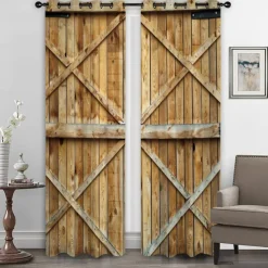 Farmhouse Curtain 2 Panels，Barn Wood Door Curtain Drapes For Living Room Bedroom,Grommet/Eyelet Curtain for Kitchen Door Window Treatments Room Darkening