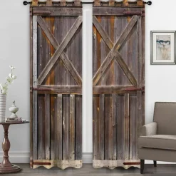 Farmhouse Curtain 2 Panels，Barn Wood Door Curtain Drapes For Living Room Bedroom,Grommet/Eyelet Curtain for Kitchen Door Window Treatments Room Darkening