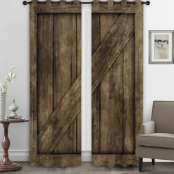 Farmhouse Curtain 2 Panels，Barn Wood Door Curtain Drapes For Living Room Bedroom,Grommet/Eyelet Curtain for Kitchen Door Window Treatments Room Darkening