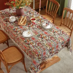 Farmhouse Tablecloth Boho Cotton Linen Table Cloth Bohemian Table Decor Wrinkle Resistant for Restaurant, Picnic, Indoor and Outdoor Dining