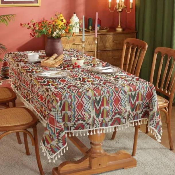 Farmhouse Tablecloth Boho Cotton Linen Table Cloth Bohemian Table Decor Wrinkle Resistant for Restaurant, Picnic, Indoor and Outdoor Dining