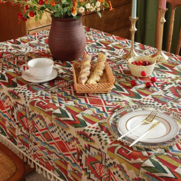 Farmhouse Tablecloth Boho Cotton Linen Table Cloth Bohemian Table Decor Wrinkle Resistant for Restaurant, Picnic, Indoor and Outdoor Dining