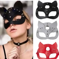 Feminine Sexy Half Face Fox Role-playing Cat Skin Mask Rivet Punk Collar Halloween Party Makeup Ball Fancy Mask PU Skin Fox Mask Nightclub Party Makeup Ball Men And Women Mask Eye Mask Fun