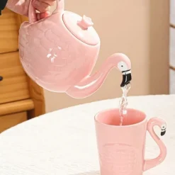 Flamingo Teapot - Ceramic Flower Pot for Tea, Coffee, and Water - White Bone China Gift for Tea Tasting and Gifting
