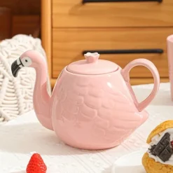 Flamingo Teapot - Ceramic Flower Pot for Tea, Coffee, and Water - White Bone China Gift for Tea Tasting and Gifting