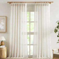 Flax Cotton Linen Pinch Pleated Sheer Curtains Long Vintage French Window Panel Drapes with Back Tab for Farmhouse Living Room Bedroom, Natural 1 Panel