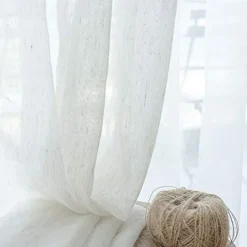 Flax Cotton Linen Pinch Pleated Sheer Curtains Long Vintage French Window Panel Drapes with Back Tab for Farmhouse Living Room Bedroom, Natural 1 Panel