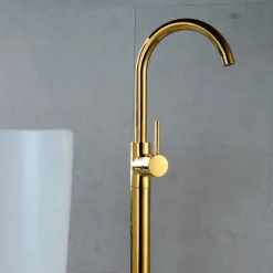 Floor Mount Standing Bathtub Faucet, 360° Swivel Freestanding Tub Filler Mixer Tap Brass Spout High Flow Shower Faucets