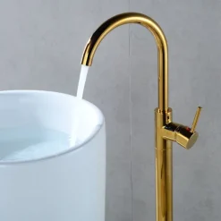 Floor Mount Standing Bathtub Faucet, 360° Swivel Freestanding Tub Filler Mixer Tap Brass Spout High Flow Shower Faucets