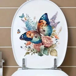 Floral Butterfly Toilet Seat Decal, Waterproof Self-adhesive Bathroom Decoration Decal, Bathroom Decoration Sticker, Home Decor